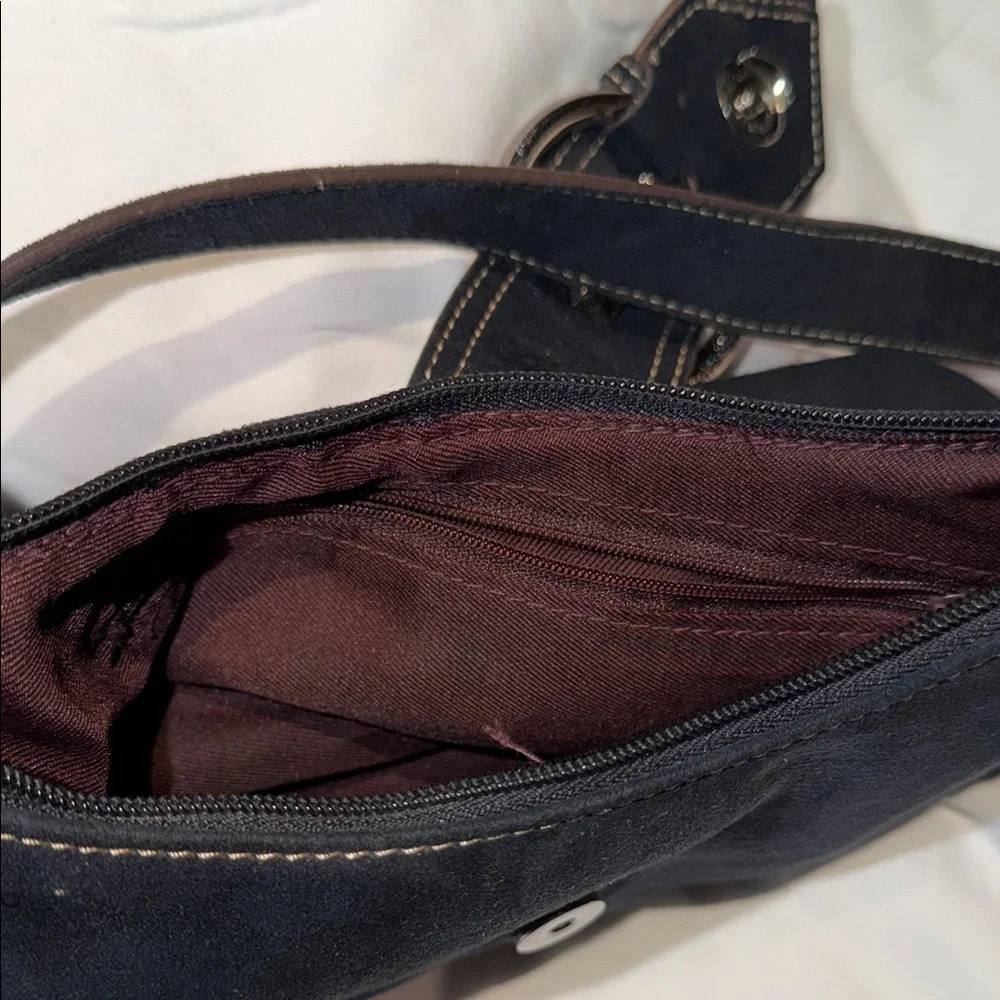 Black Suede Shoulder Bag with Buckle Accent